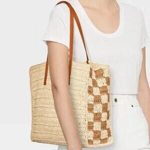Straw Packable Checker Boxy Tote Handbag Universal Thread Beige - 15" x 13" x 6"